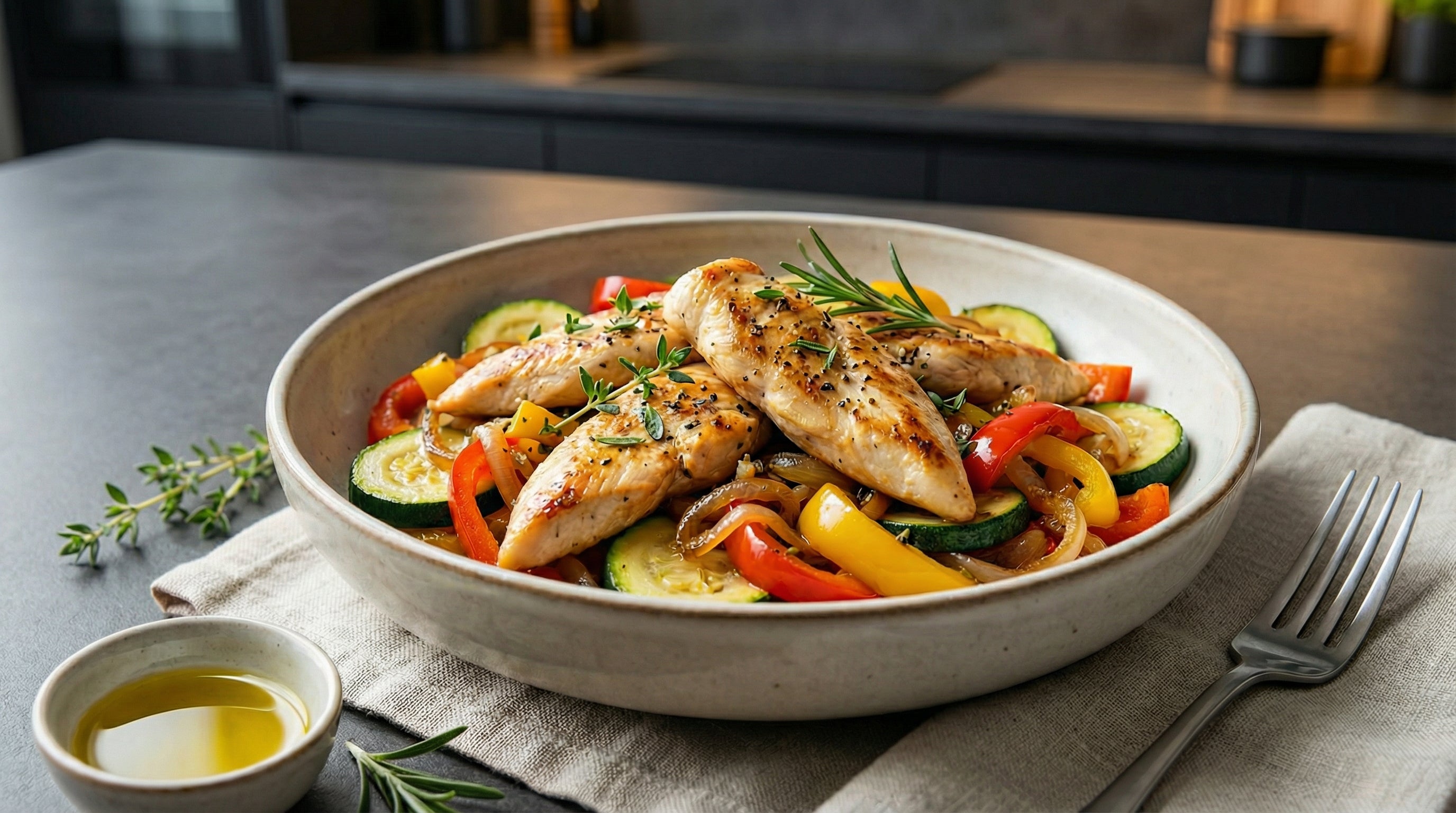Hähnchen-Gemüse-Pfanne mit Zucchini und Paprika