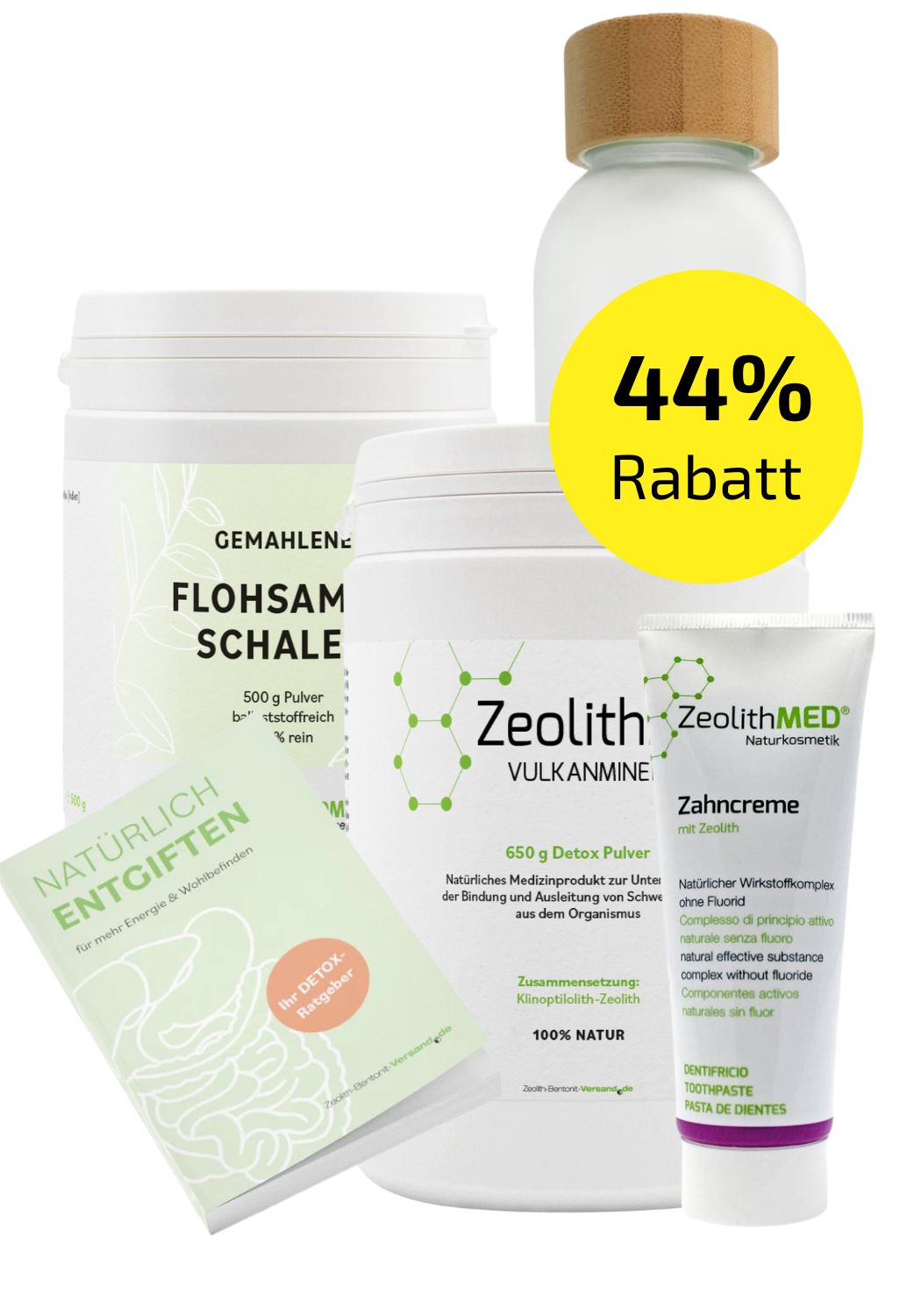 Premium Paket: Detox-Pulver, Flohsamenschalen, Zahncreme, Trinkflasche & Ratgeber