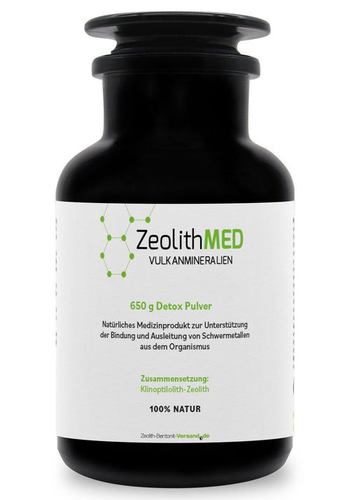 ZeolithMED detox polvo 650g en vidrio de Miron violeta, producto sanitario con certificado CE