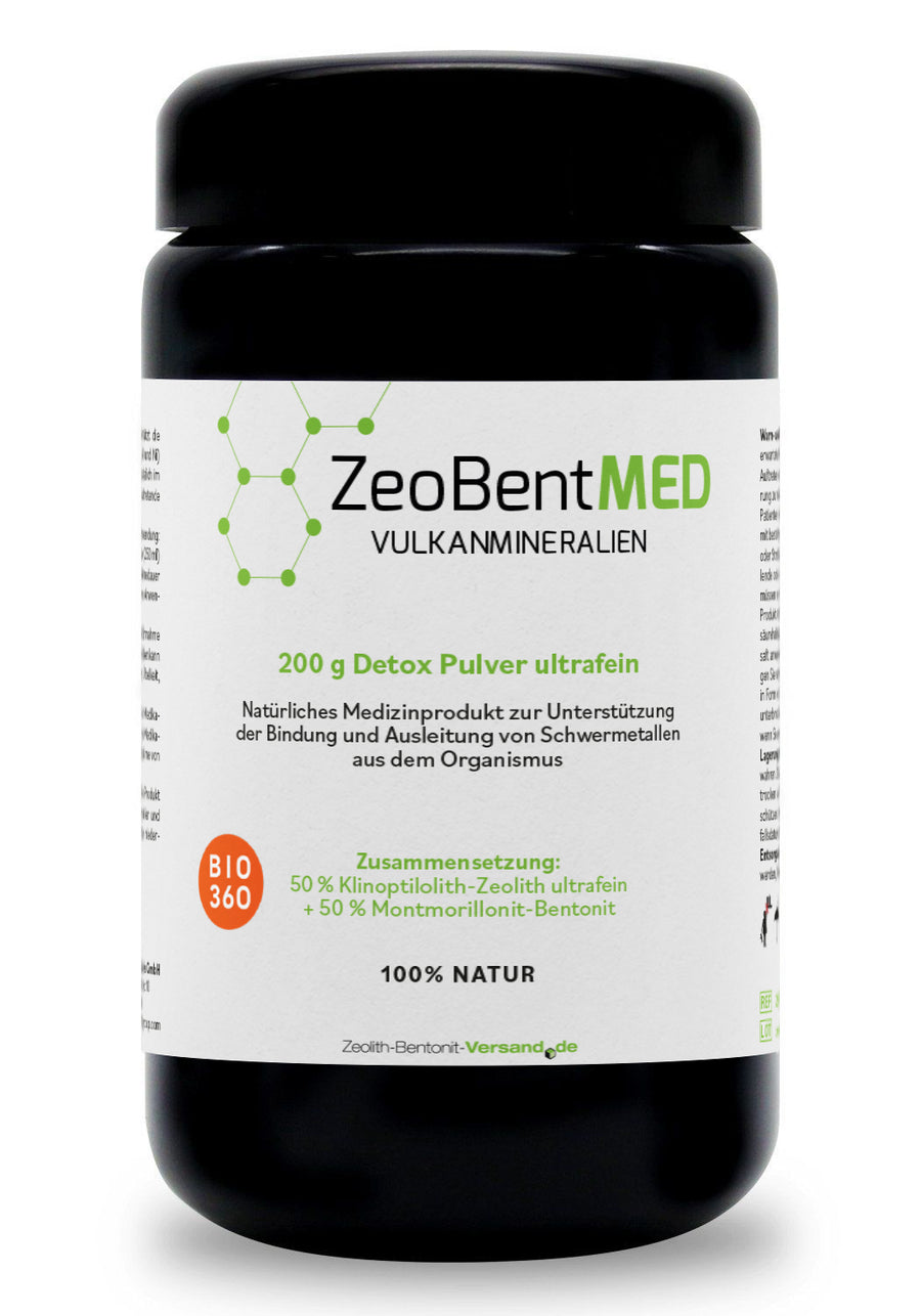 ZeoBentMED Detox-Pulver ultrafein 200g im Miron Violettglas, Bio360, Medizinprodukt mit CE-Zertifikat