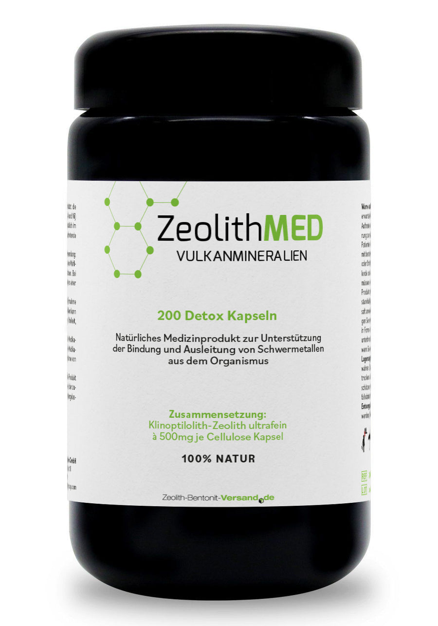 ZeolithMED 200 detox capsules in Miron violet glass, medical device with CE certificate
