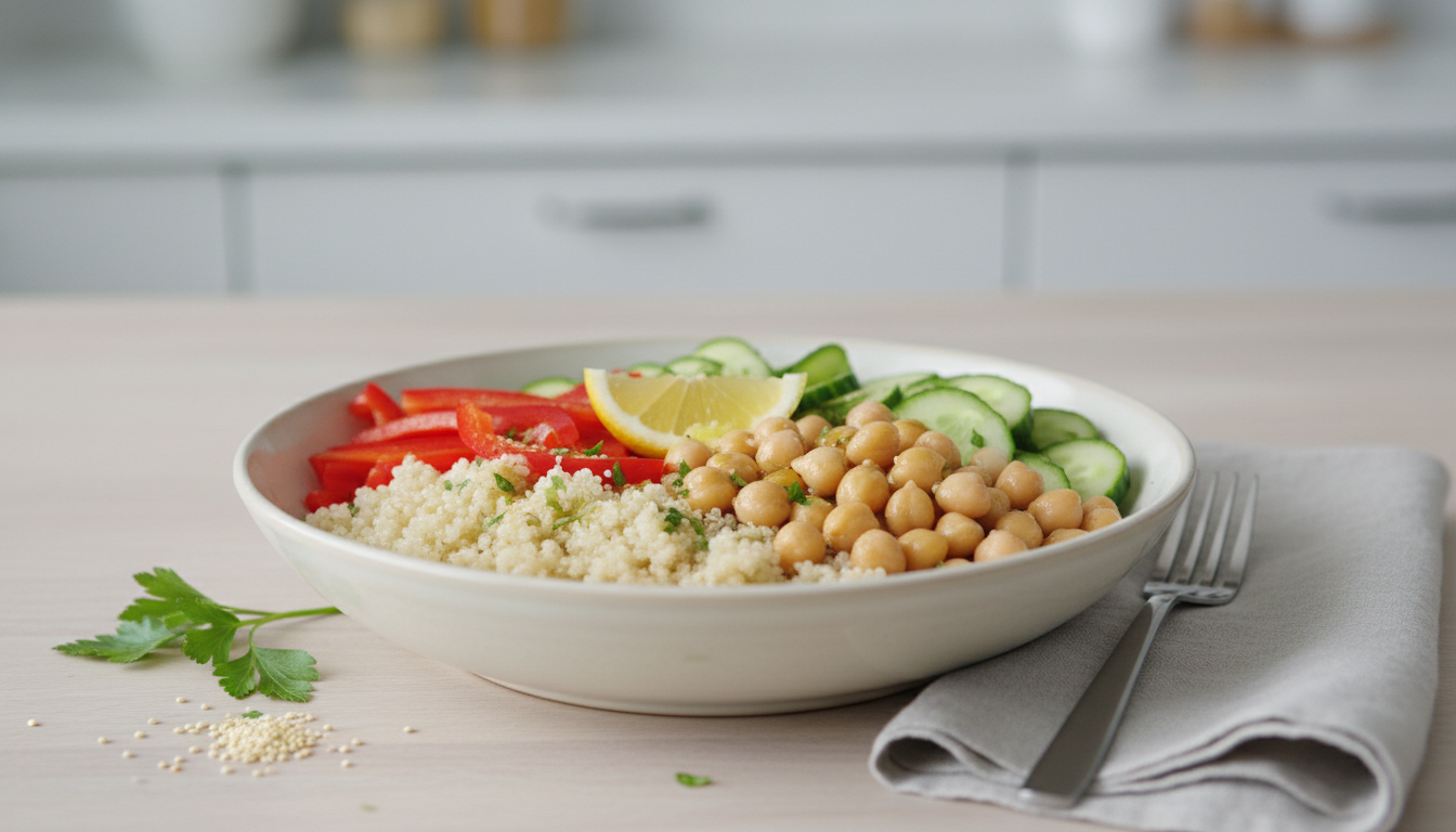 Mediterrane Quinoa-Gemüse-Bowl mit Kichererbsen