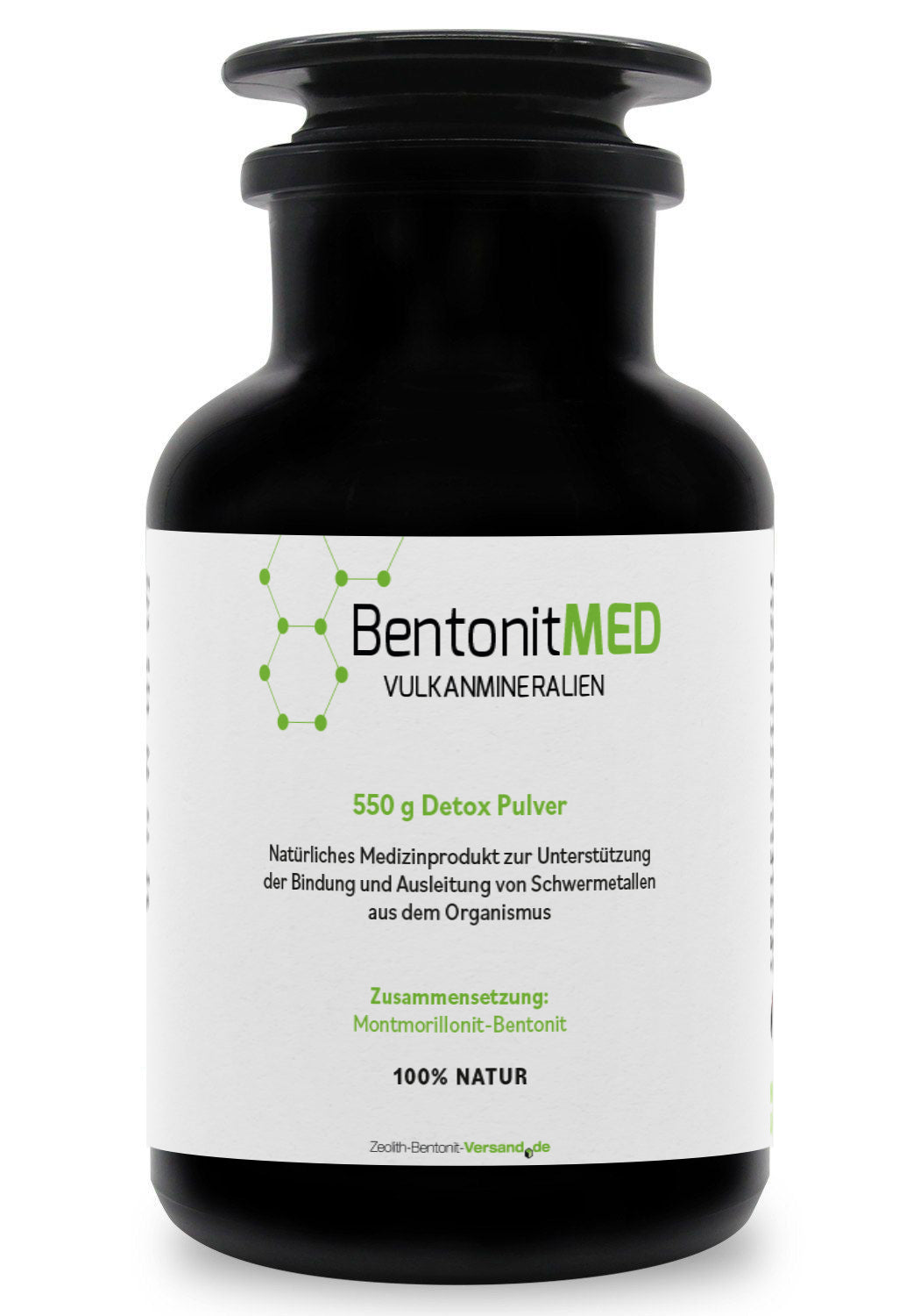 BentonitMED 550g de polvo detox en vidrio de Miron violeta, producto sanitario con certificado CE