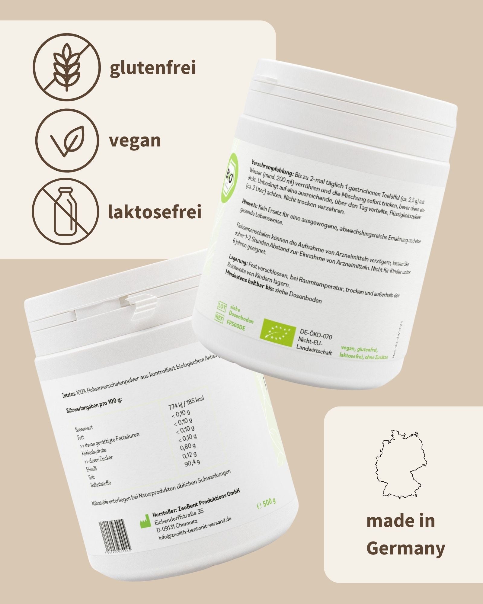 BIO-Flohsamenschalen gemahlen 500g Pulver (Psyllium) DE-ÖKO-070, zur inneren Anwendung