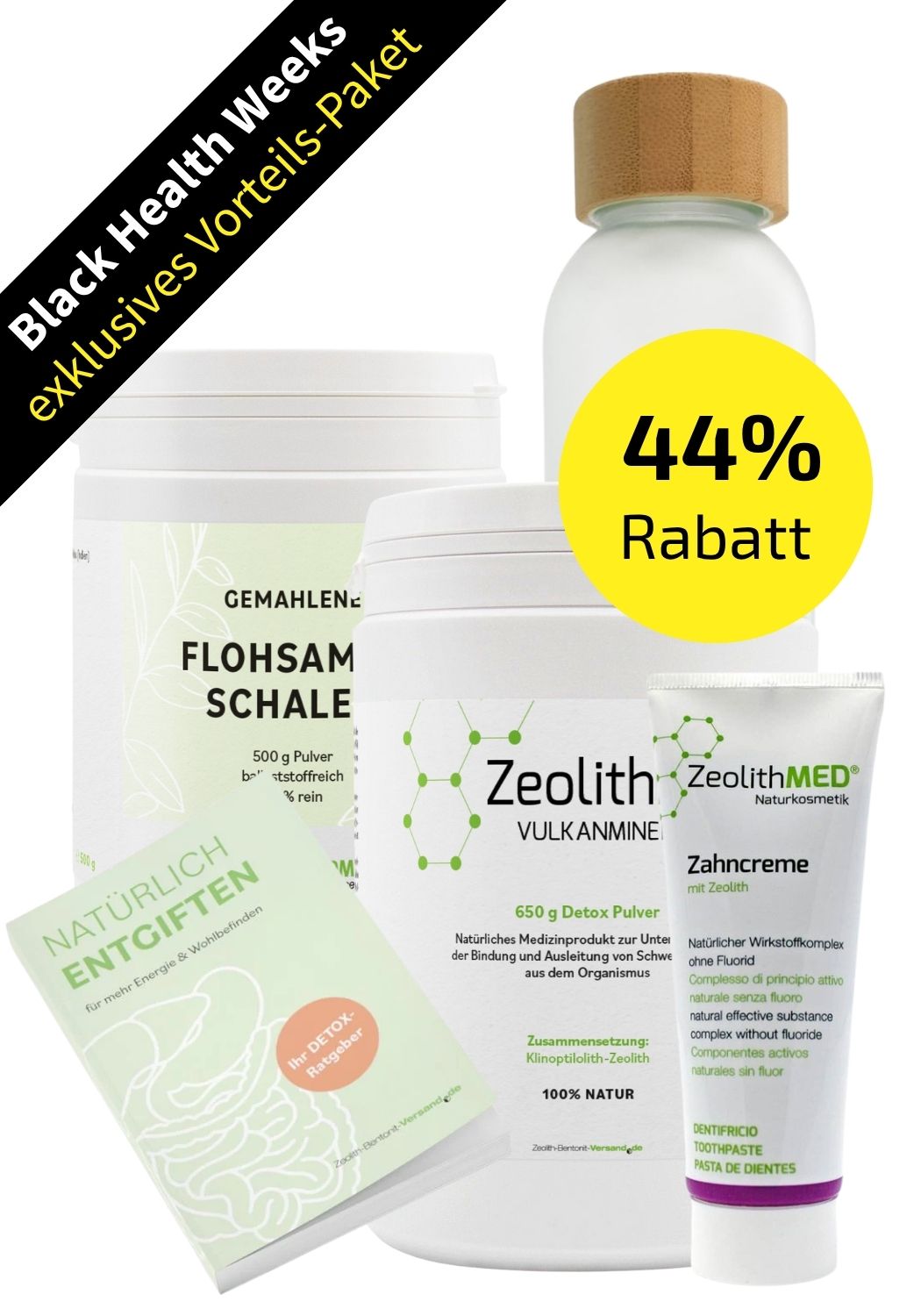 Premium Paket: Detox-Pulver, Flohsamenschalen, Zahncreme, Trinkflasche & Ratgeber