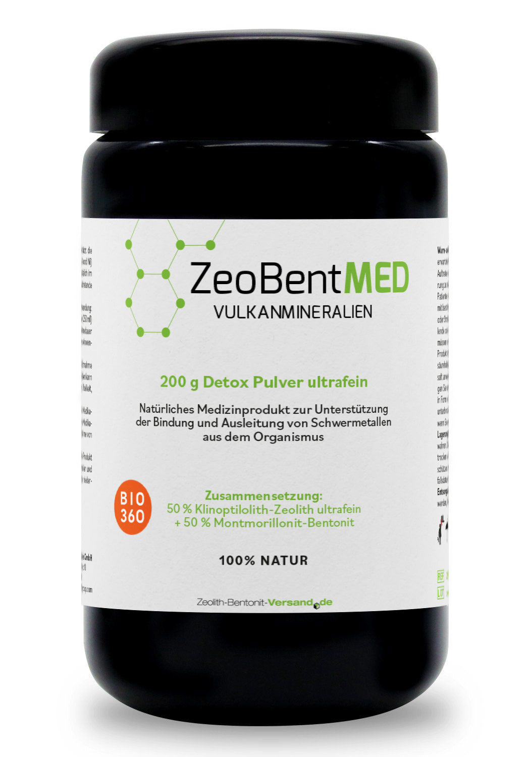 ZeoBentMED Detox-Pulver ultrafein 200g im Miron Violettglas, Bio360, Medizinprodukt mit CE-Zertifikat